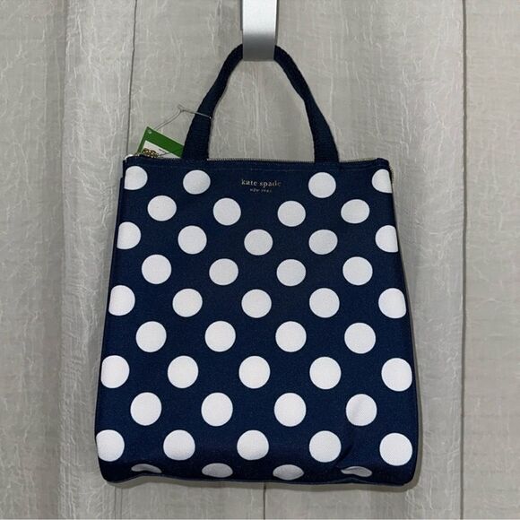 kate spade Navy White Jumbo Polka Dot Gold Tone Zip Lunch Bag - Picture 1 of 9